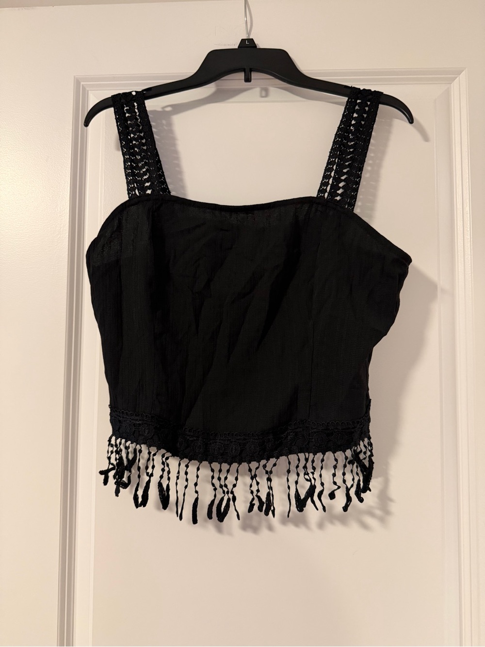 Macy's Black Crochet-Trim Fringe Crop Top
